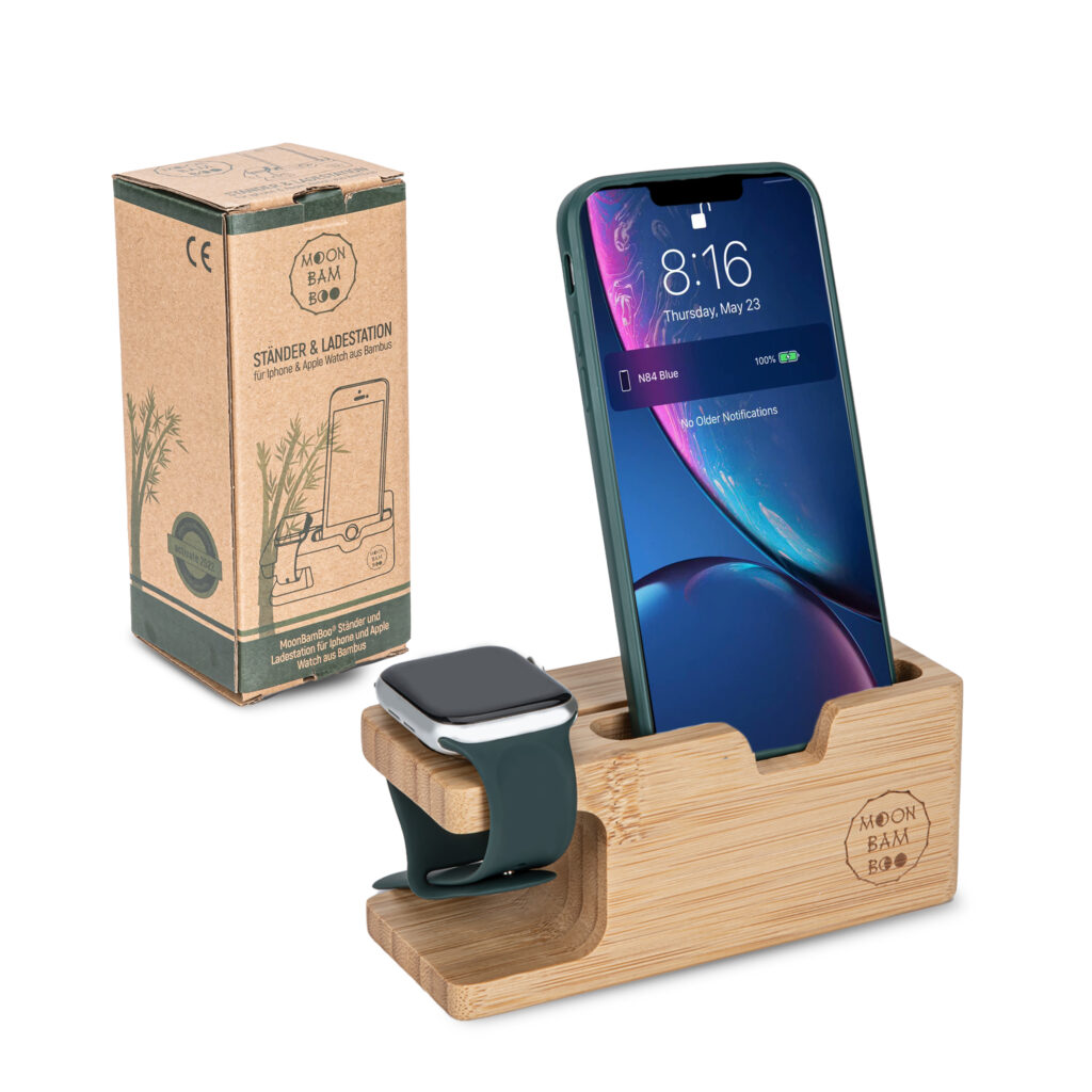 MoonBamBoo® Handy-Ständer und Ladestation für iPhone und Apple Watch aus selektiertem Bambus