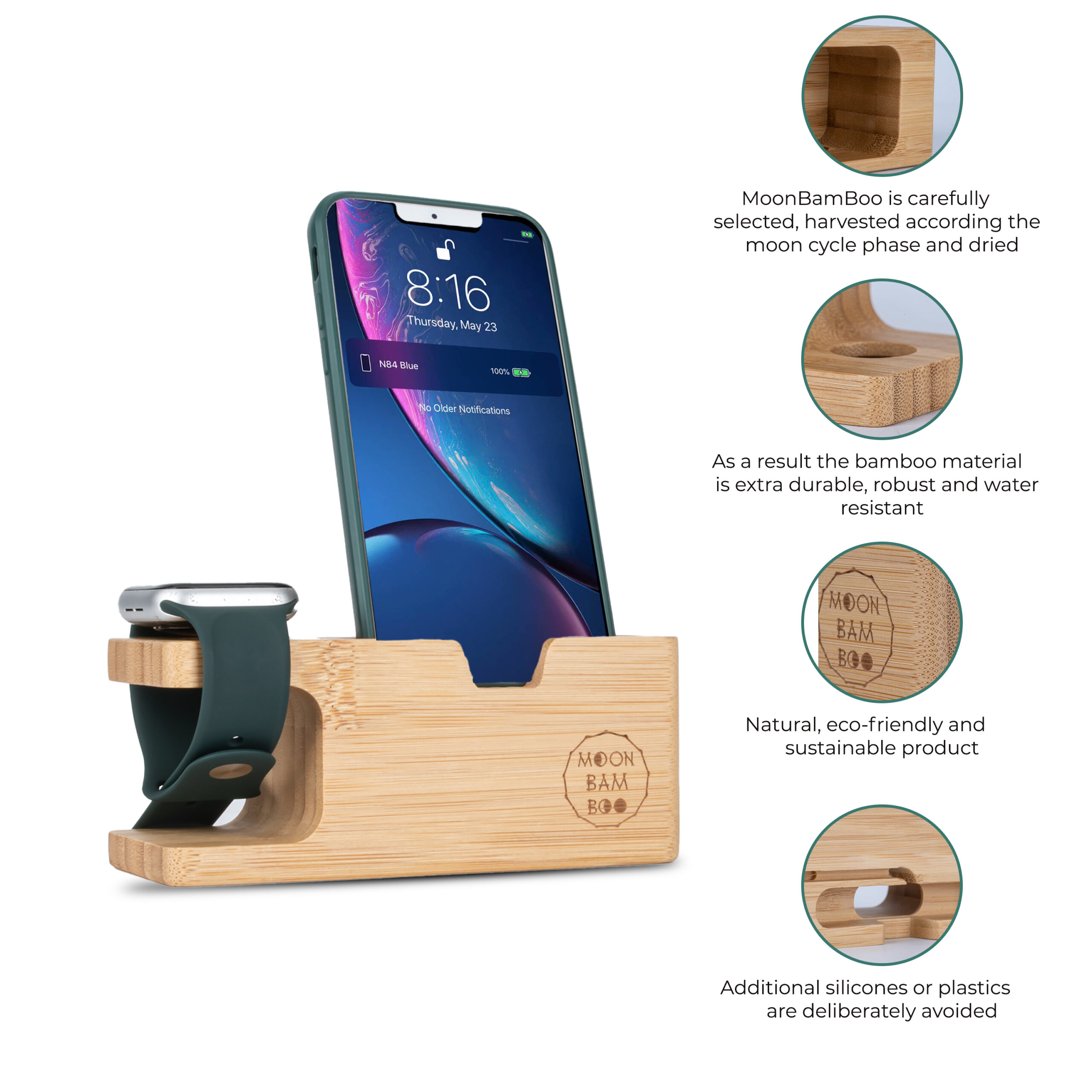 MoonBamBoo® Handy-Ständer und Ladestation für iPhone und Apple Watch aus selektiertem Bambus – Bild 3